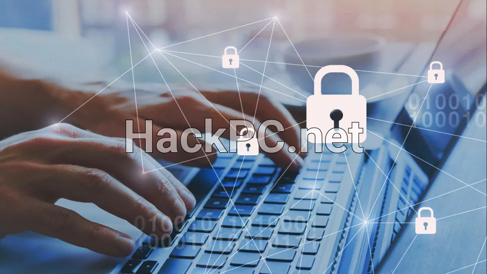 Hands typing on a keyboard surrounded by security icons