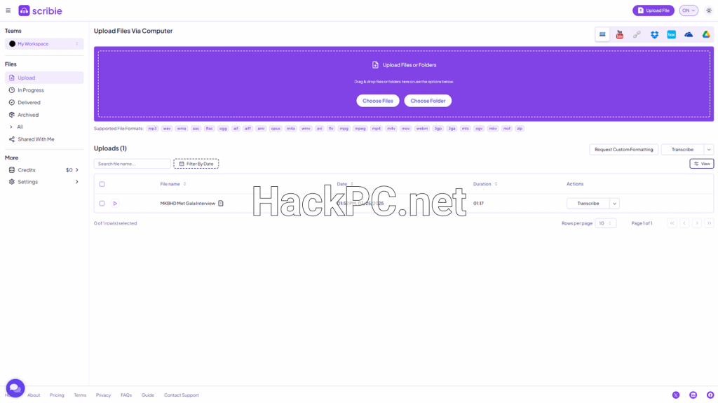Window for uploading files from your computer in the Scribie interface