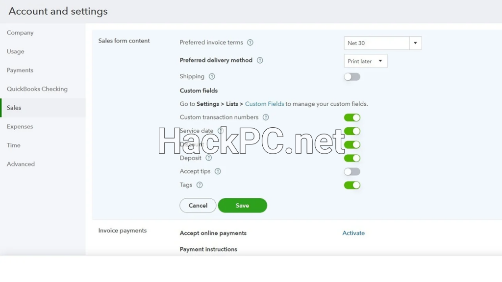 Account and settings page in QuickBooks Online