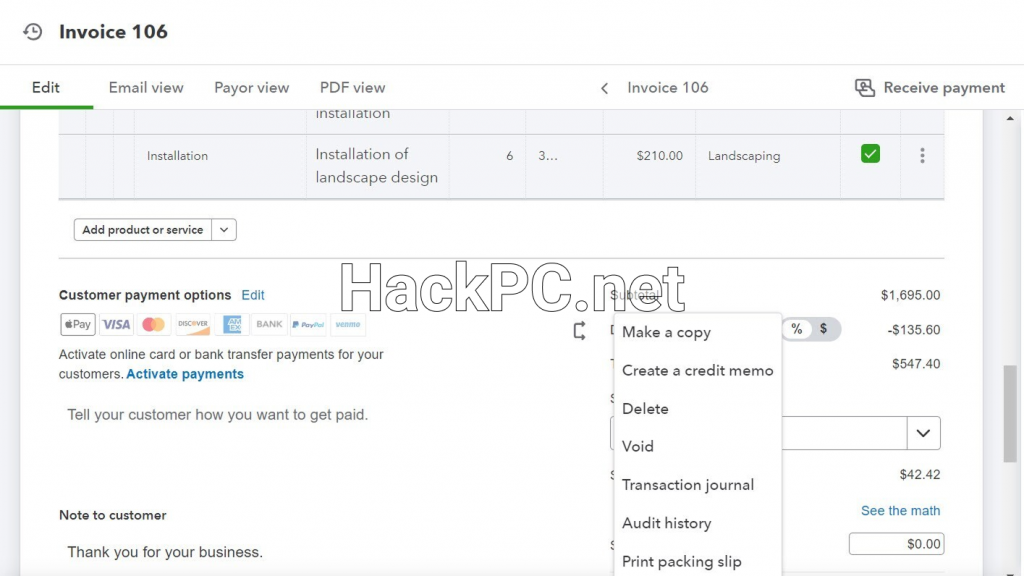 A completed invoice showing related options in QuickBooks Online