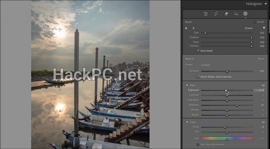 The process of editing colors in a photo in Adobe Lightroom. Photo after applying settings.