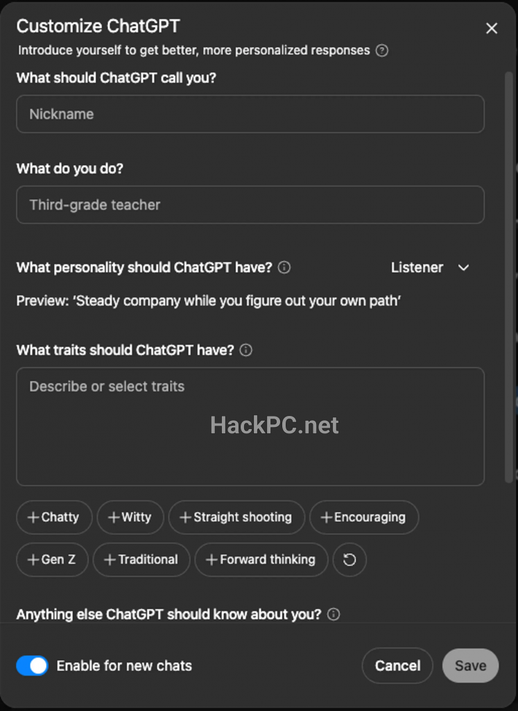 ChatGPT-5 Customizing Window