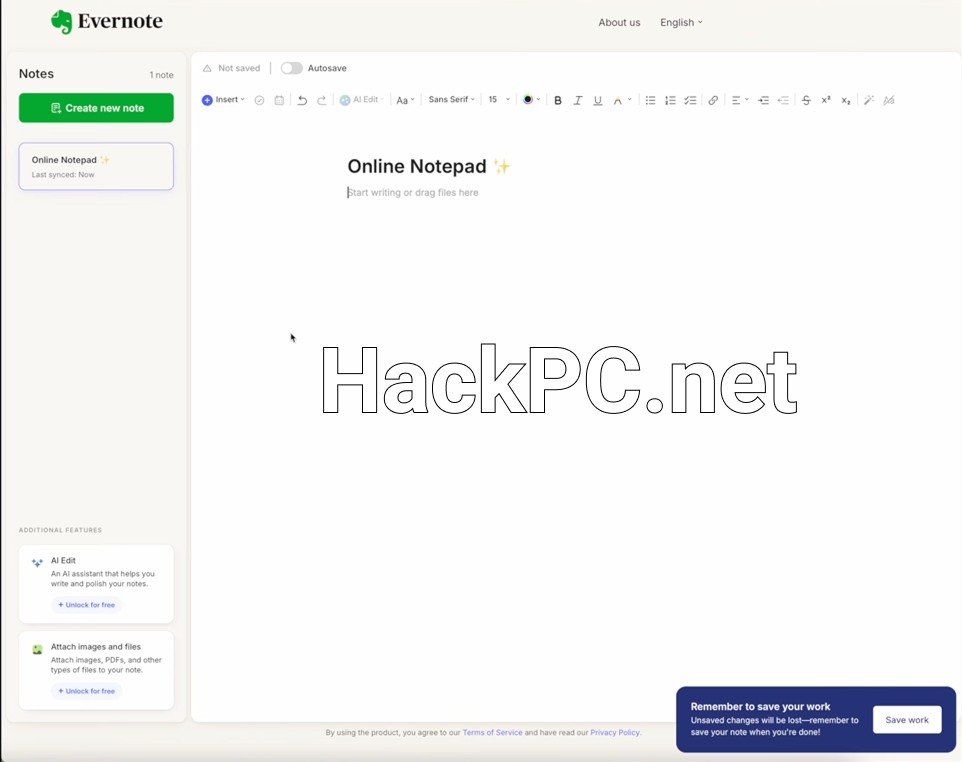Evernote 2025 Note Creation Window