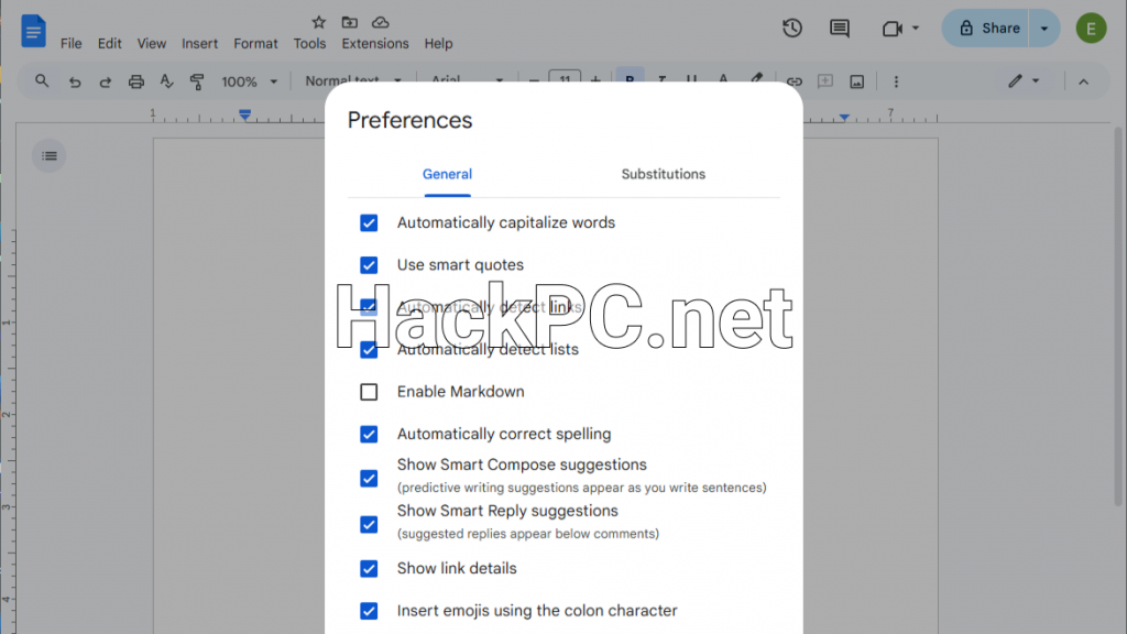 Google Docs preferences
