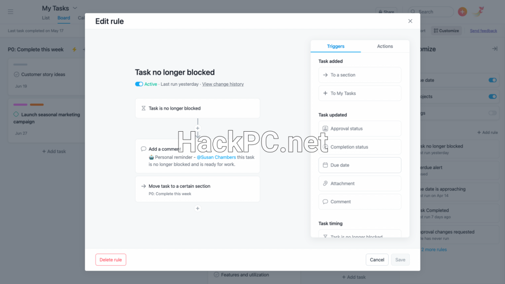 Asana automation dialogue box
