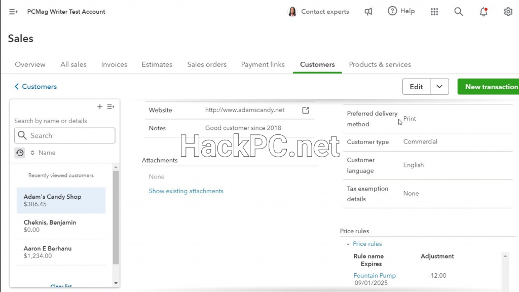 A customer record in QuickBooks Online