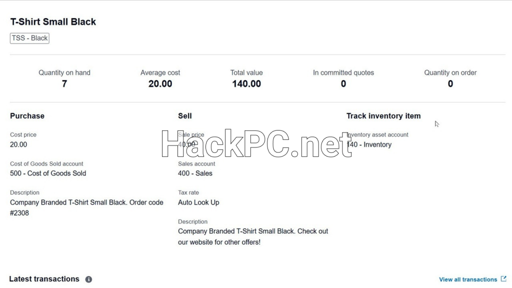 Product record in Xero
