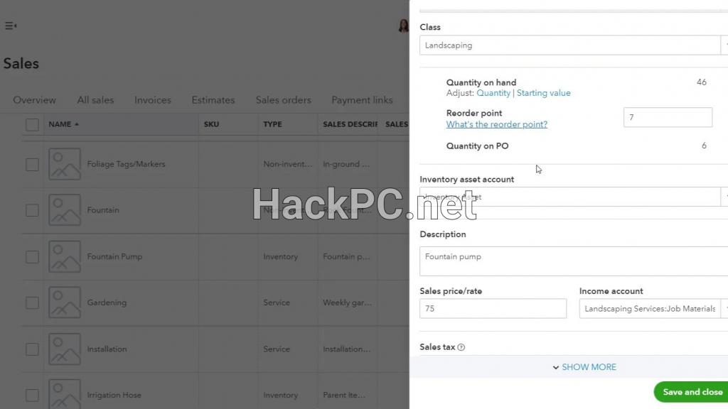 An inventory item record in QuickBooks Online