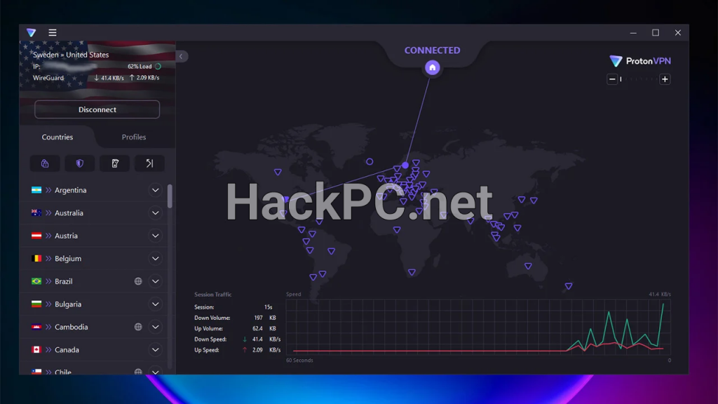 The Proton VPN when connected to a secure core server shows the full path of your data on the map