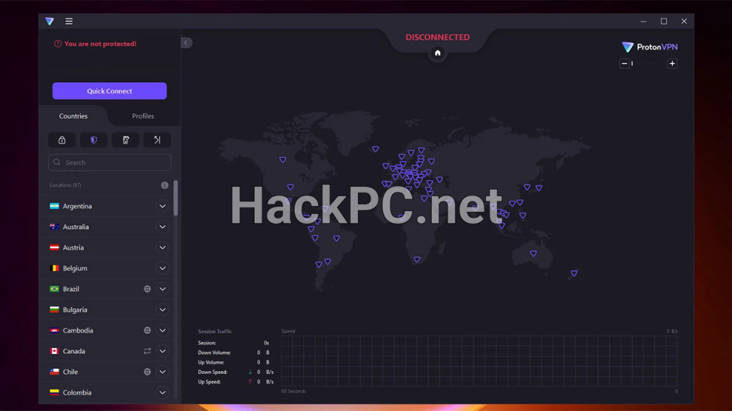 The Proton VPN app on Windows consists of a left rail with buttons and available servers and a large map on the right