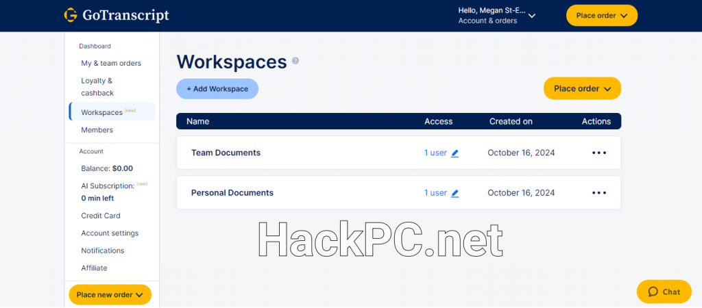 GoTranscript workspaces