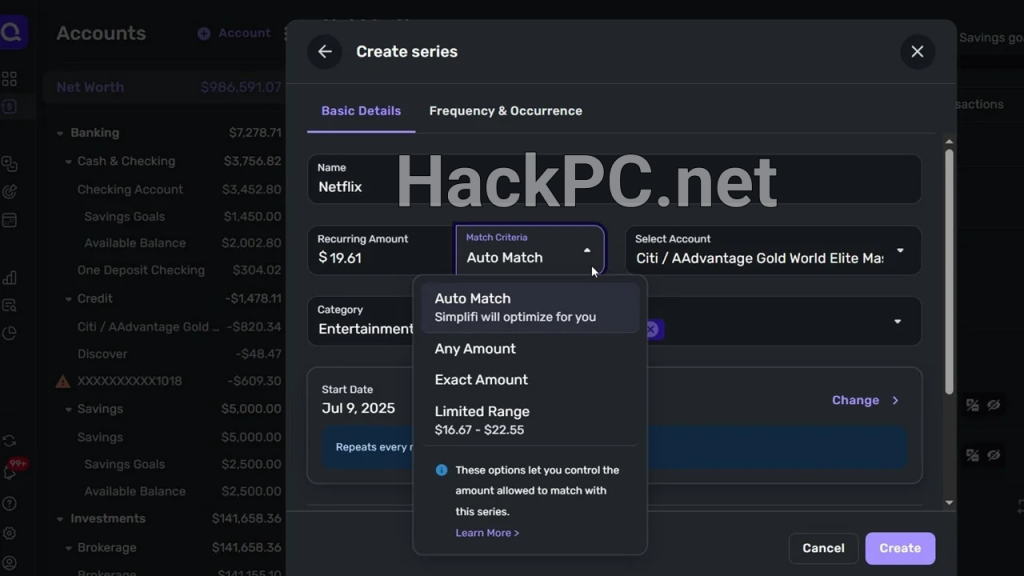 Recurring transaction setup in Quicken Simplifi