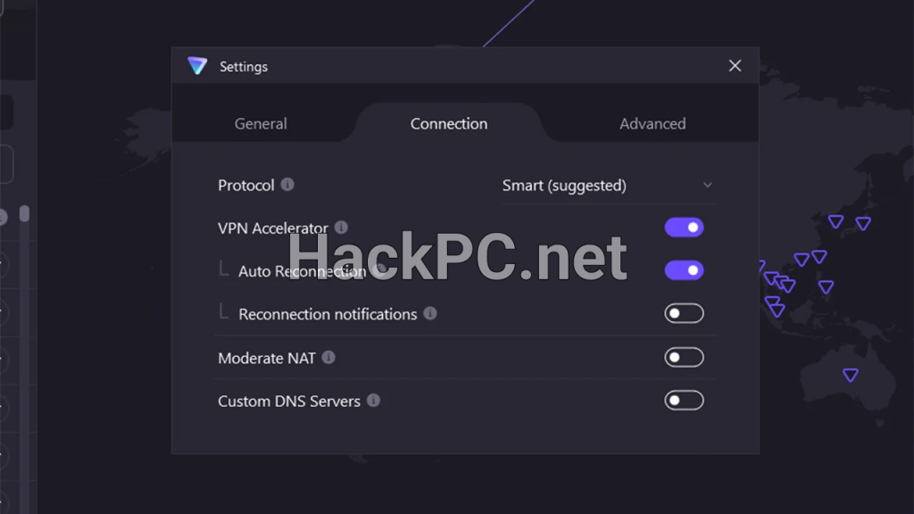 Close up of the Settings menu; the top option allows you to choose a VPN protocol