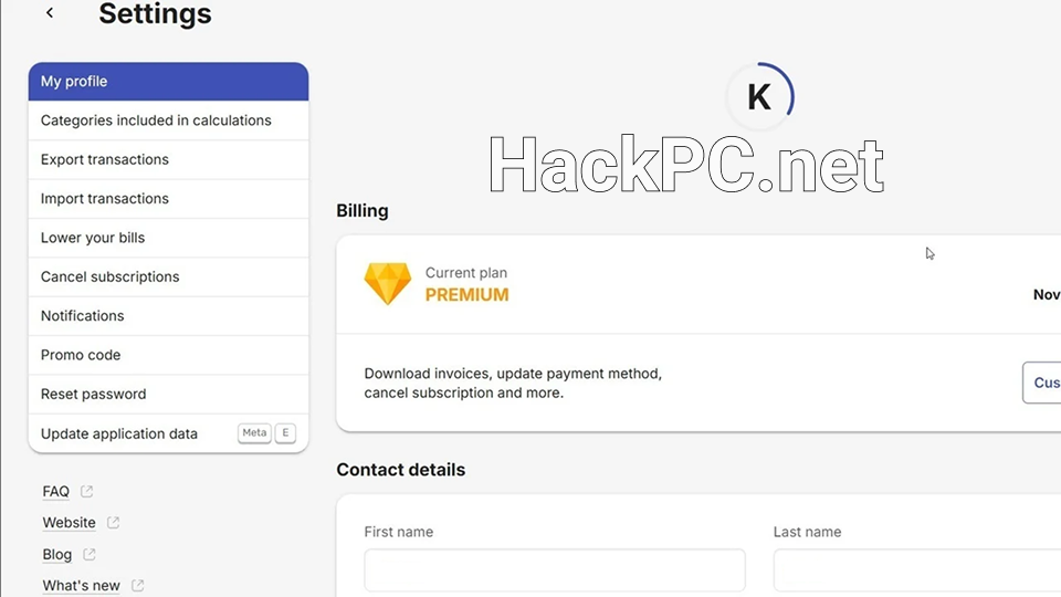 The Settings page in PocketGuard