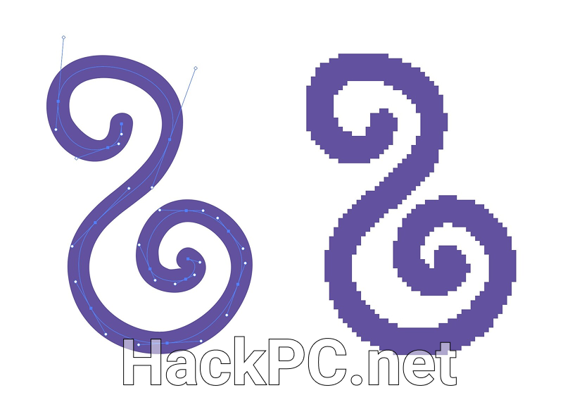 Vector graphics (left) are defined by lines and curves, while raster graphics (right) are defined by pixels