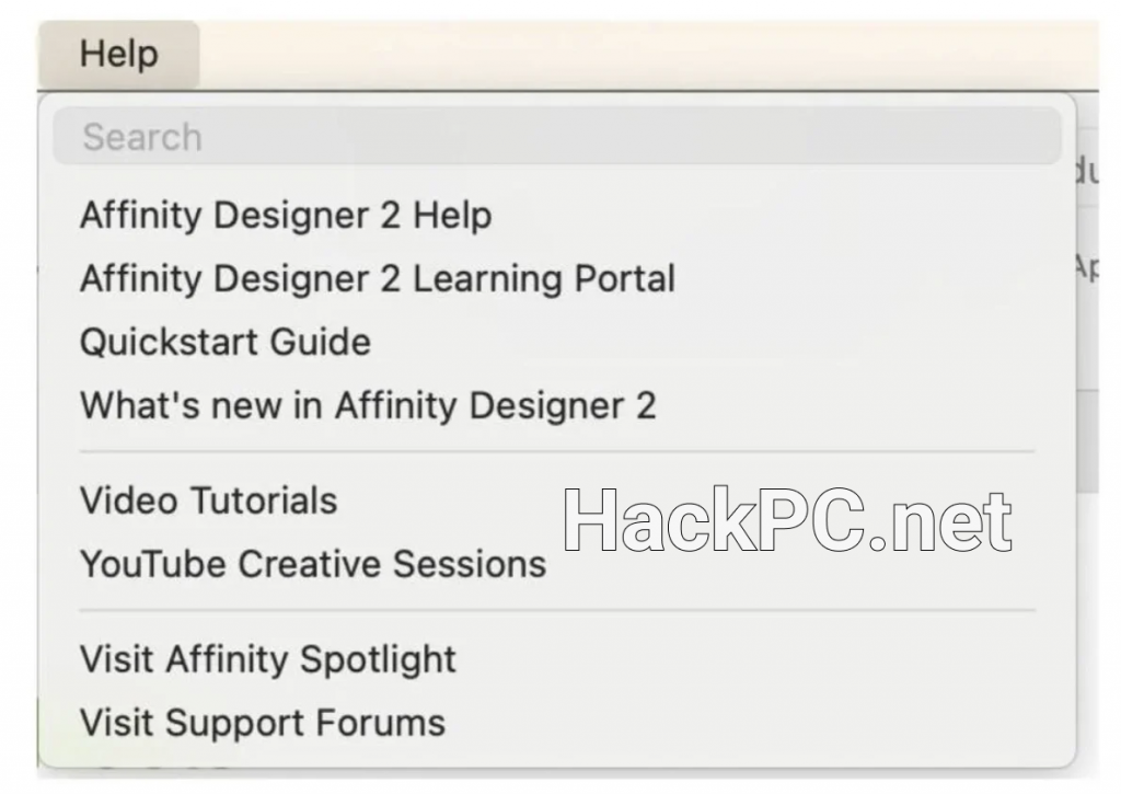 Help options in Affinity Designer 2