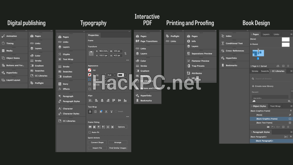Collection of tools menus in InDesign