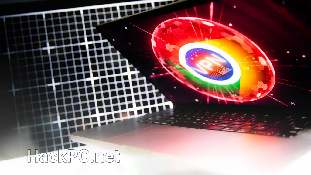 A laptop showing a graphic with VPN in the middle