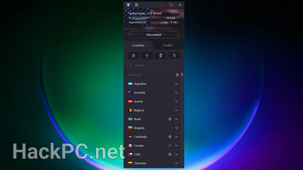 The left rail of the Proton VPN on its own without the map in the center of a Windows 11 desktop