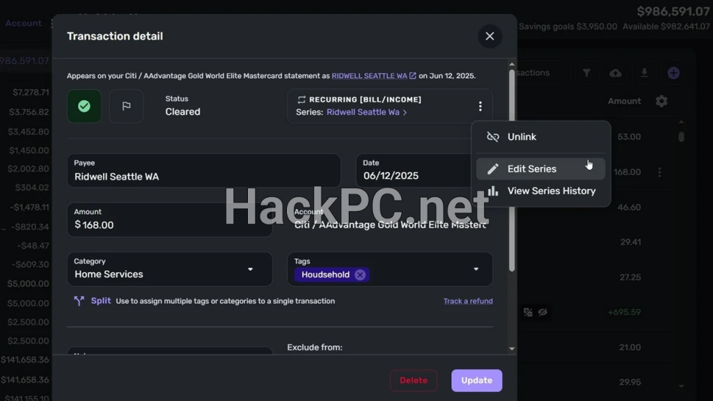 Transaction detail in Quicken Simplifi