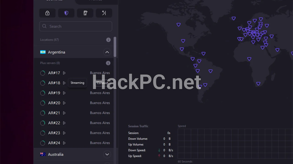 Close up of the server locations area of the Proton VPN app