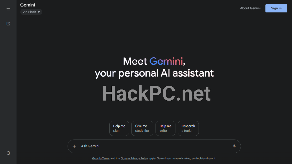 Gemini's web page dashboard