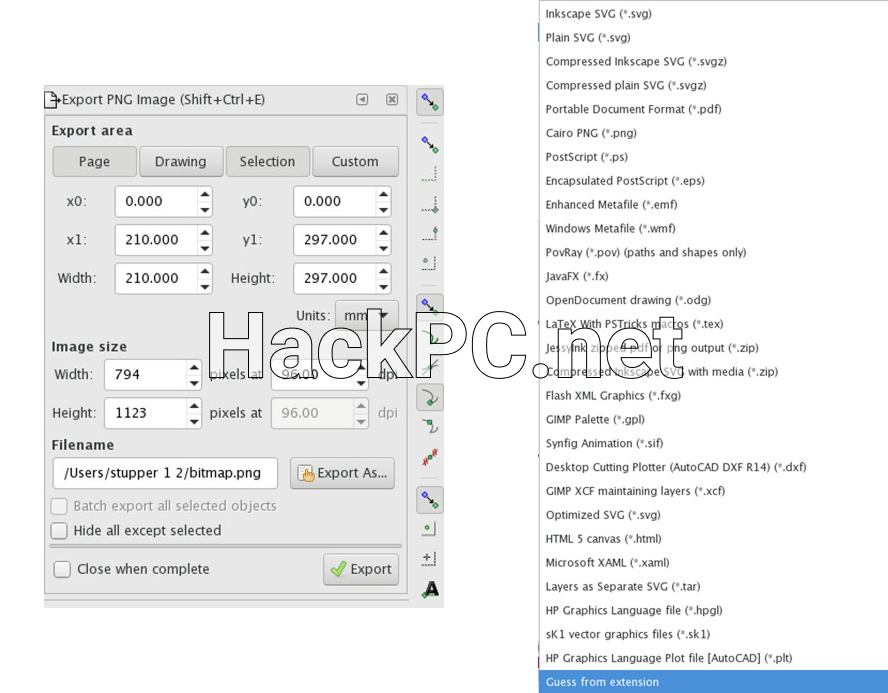 Inkscape export menu