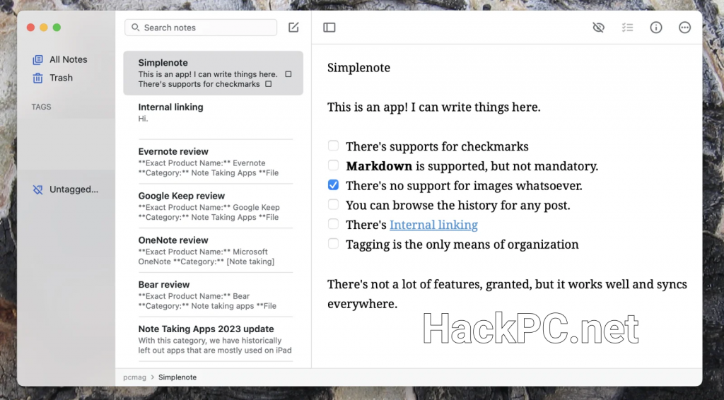 The Simplenote Mac interface and a note with a checklist