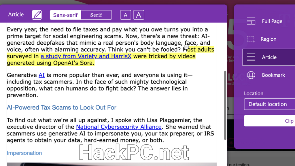 OneNote's web clipper