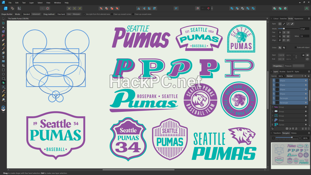Shape builder in Affinity Designer 2, creating a graphic for the Seattle Pumas