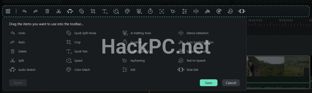 Customizable timeline toolbar in Wondershare Filmora