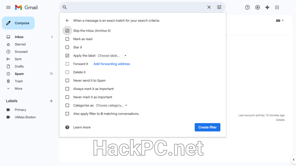 Gmail email filter