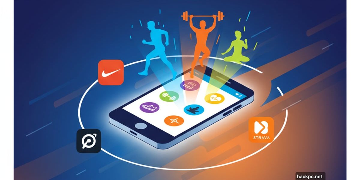 Smartphone displaying workout apps with exercise silhouettes and fitness icons