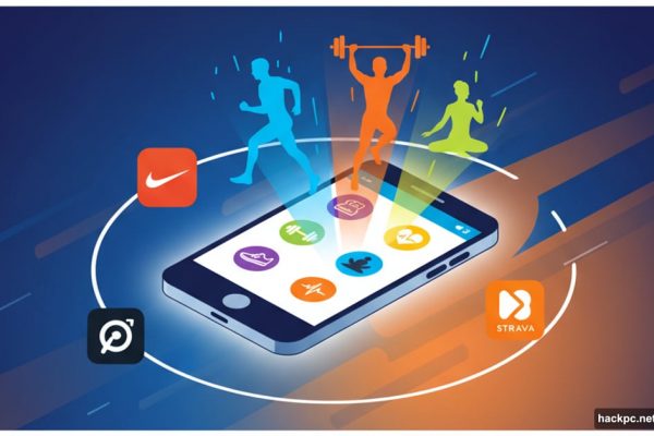 Smartphone displaying workout apps with exercise silhouettes and fitness icons