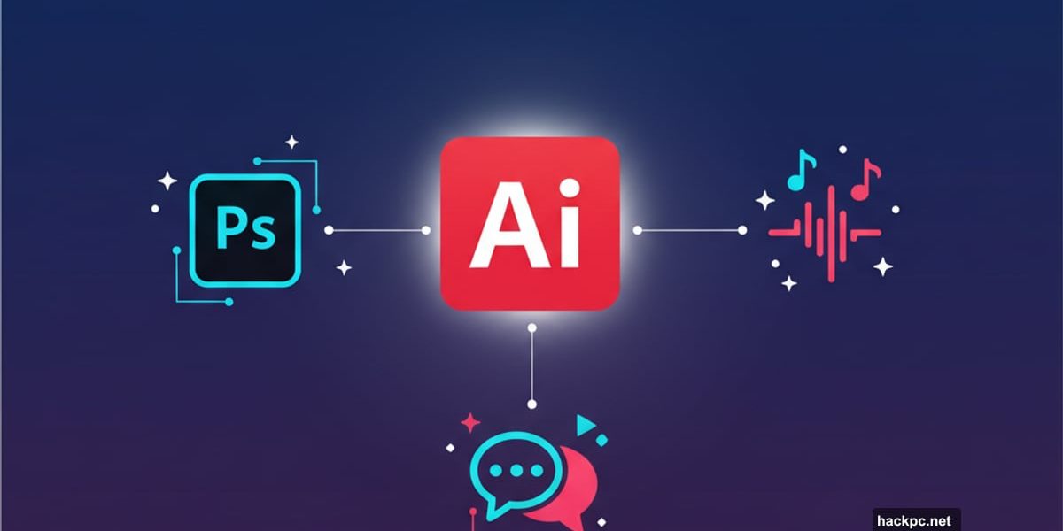 Adobe logo with AI-powered creative tools branching outward