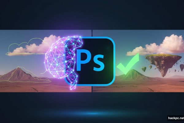 Adobe Photoshop logo with AI neural network and checkmark symbol