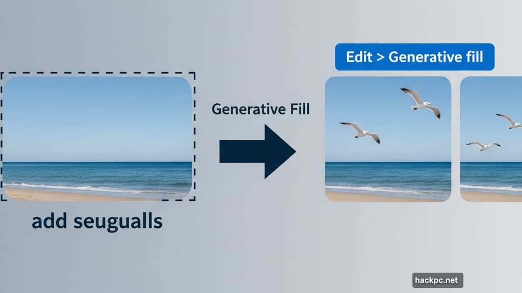 Generative fill adds elements matching existing photo lighting and perspective