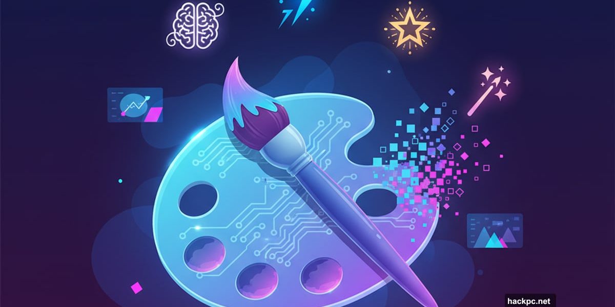 AI palette with circuit patterns surrounded by image generator tool icons