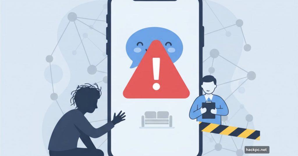 Smartphone with AI therapy chatbot covered by red warning triangle