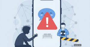 Smartphone with AI therapy chatbot covered by red warning triangle