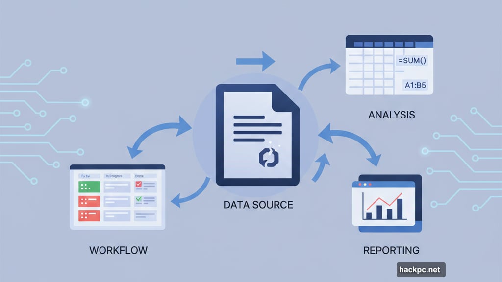 Spreadsheets talk to documents, documents flow into presentations automatically