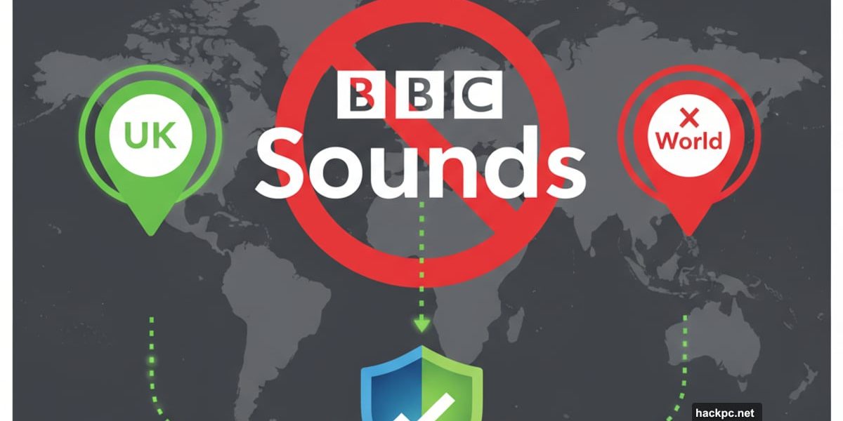 BBC Sounds logo blocked internationally with VPN shield unlocking access