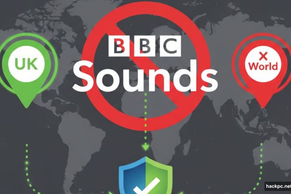 BBC Sounds logo blocked internationally with VPN shield unlocking access