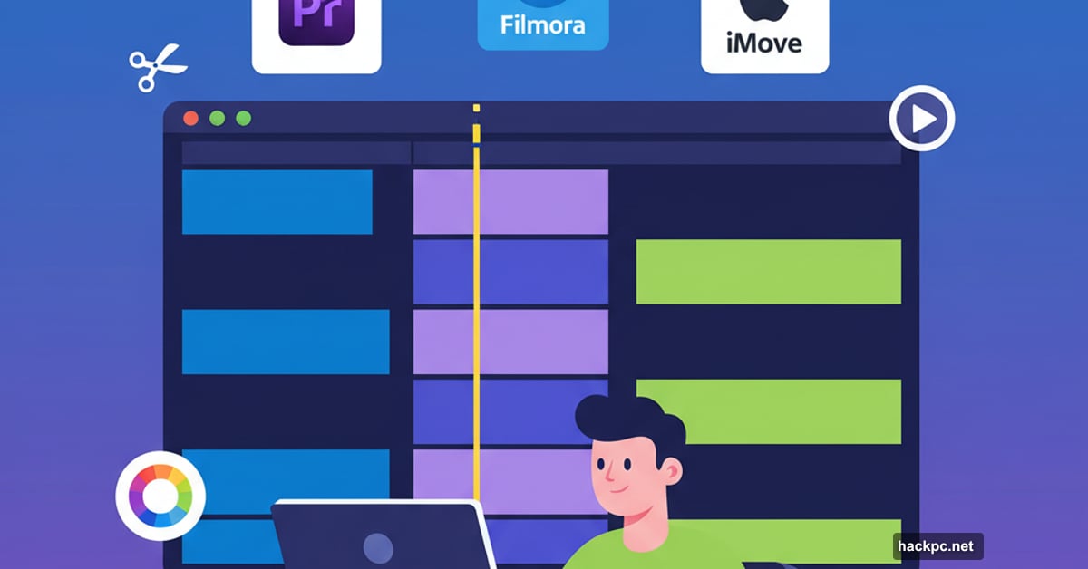 Beginner using video editing software with timeline and interface elements