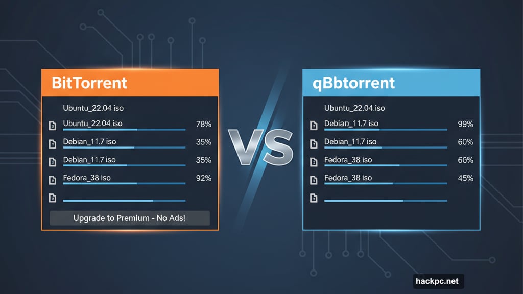 BitTorrent shows ads while qBittorrent keeps interface completely ad-free