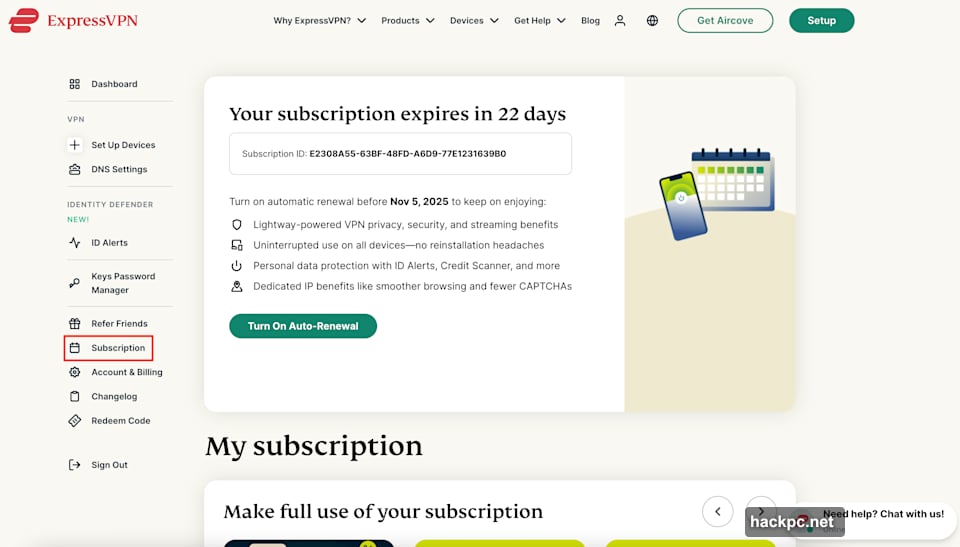 Turn off automatic renewal to keep ExpressVPN until billing period ends