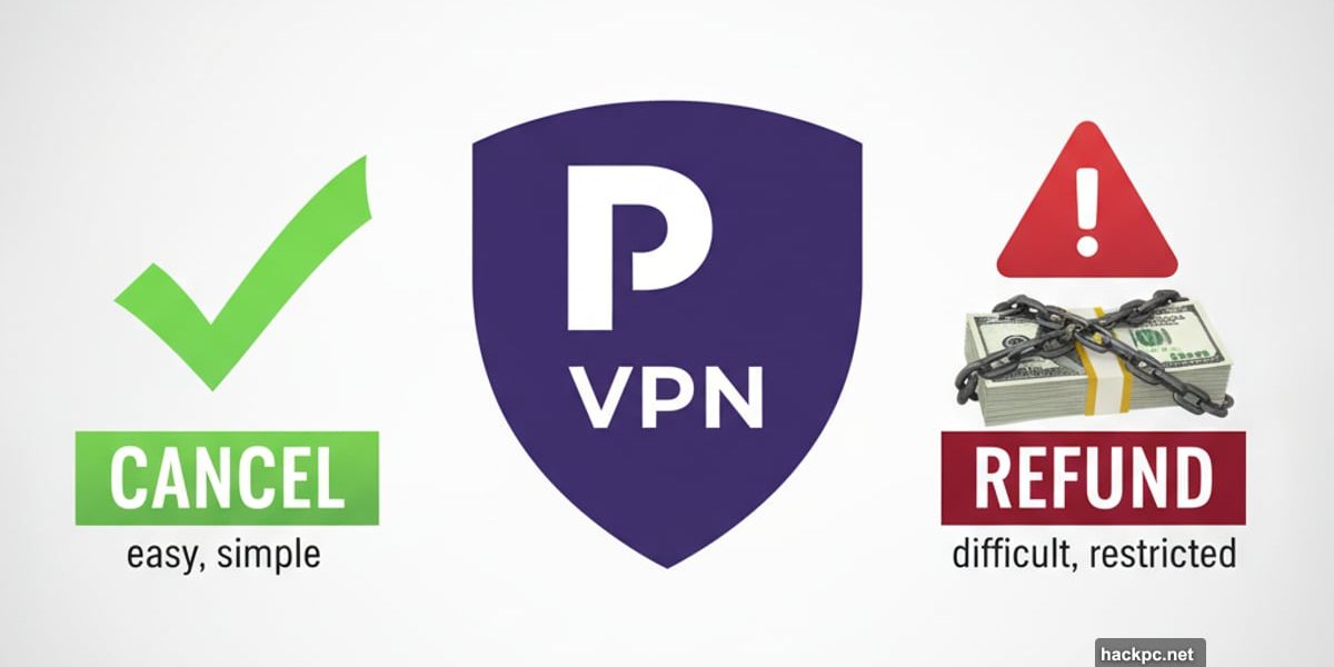 Proton VPN logo with easy cancel versus difficult refund concept