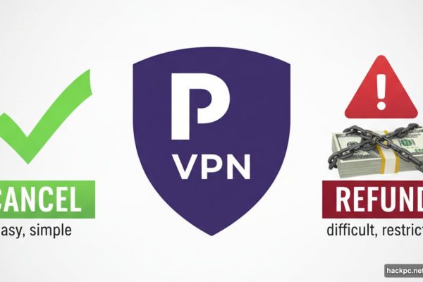 Proton VPN logo with easy cancel versus difficult refund concept