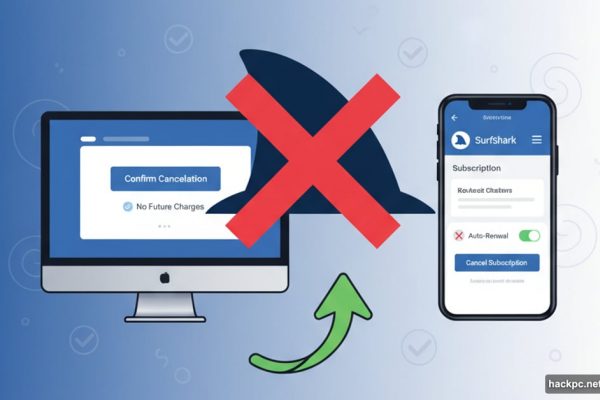 Surfshark VPN logo with cancellation symbol and subscription management interfaces