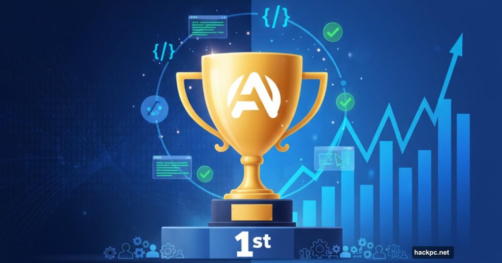 Claude Sonnet 4.5 trophy surrounded by code symbols and performance metrics